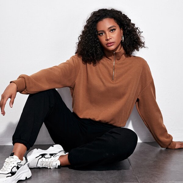 

Zipper Half Placket Drop Shoulder Sweatshirt, Rust brown