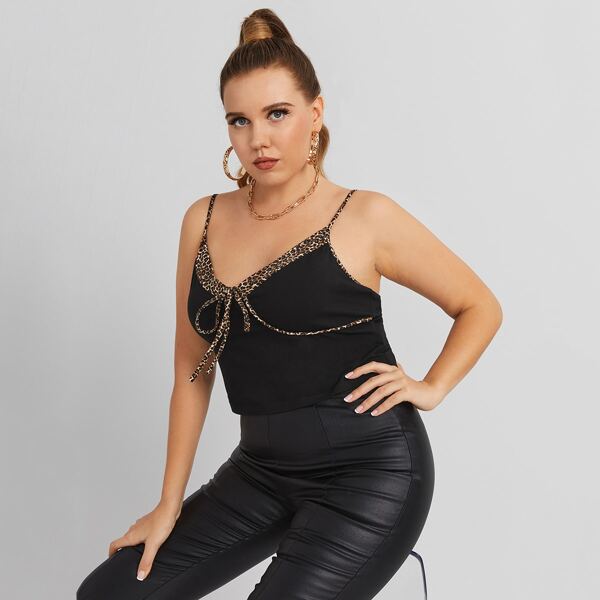 

Plus Tie Front Leopard Panel Cami Top, Black