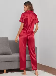 Satin Heart Embroidery Contrast Piping Pajama Set - Burgundy - View 2
