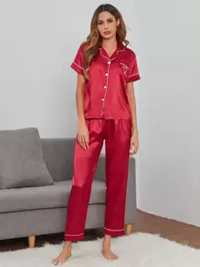 Satin Heart Embroidery Contrast Piping Pajama Set - Burgundy - View 3