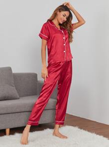 Satin Heart Embroidery Contrast Piping Pajama Set - Burgundy - View 4