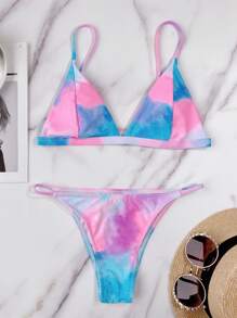 Tie Dye Triangle Thong Bikini Set Summer Beach - Multicolor - View 3