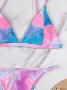 Tie Dye Triangle Thong Bikini Set Summer Beach - Multicolor - View 4