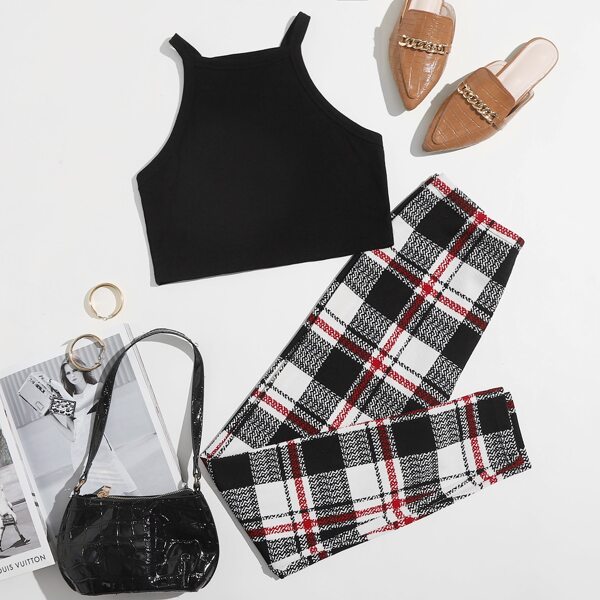 

Solid Crop Halter Top & Tartan Leggings Set, Multicolor