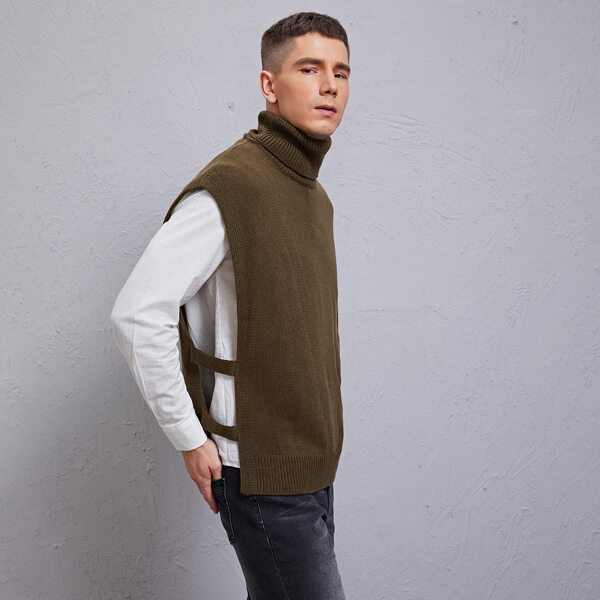 

Men Turtleneck Cut Out Side Sweater Vest, Chocolate brown