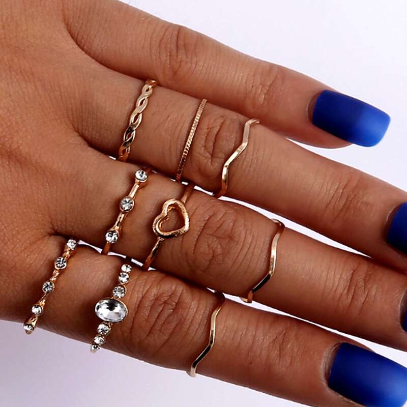 

9pcs Rhinestone Heart Ring Set, Gold