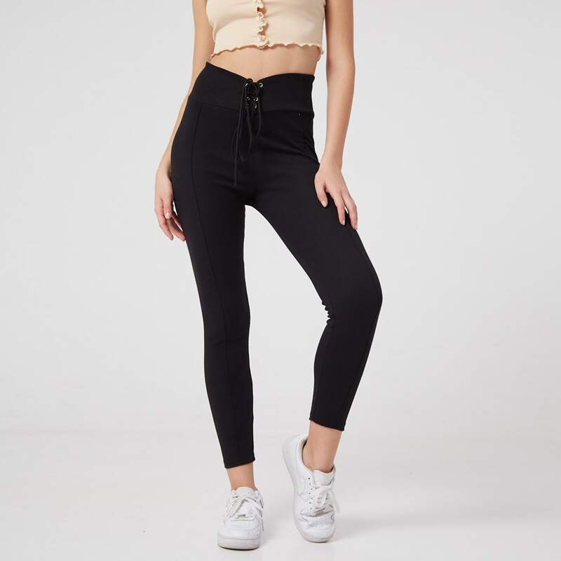 

Lace-up Solid Leggings, Black