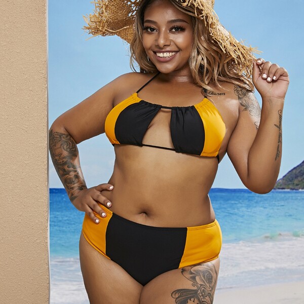 

Plus Two Tone Halter Bikini Swimsuit, Multicolor