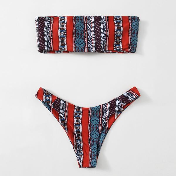 

Geo Print Bandeau High Cut Bikini Swimsuit, Multicolor