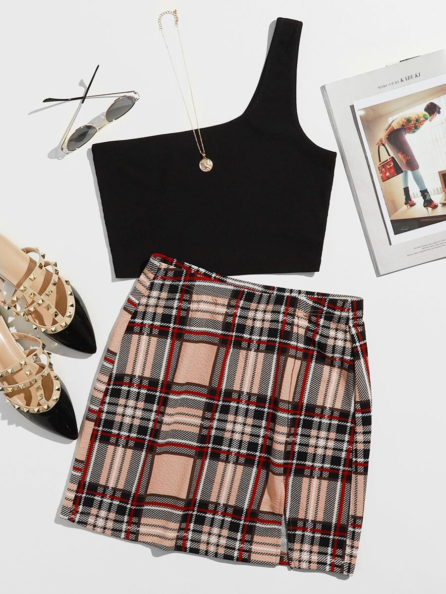 SHEIN Unity One Shoulder Crop Top & Slit Hem Tartan Skirt Set - Multicolor - View 1