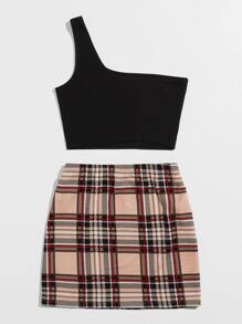 SHEIN Unity One Shoulder Crop Top & Slit Hem Tartan Skirt Set - Multicolor - View 2