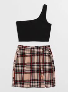 SHEIN Unity One Shoulder Crop Top & Slit Hem Tartan Skirt Set - Multicolor - View 3