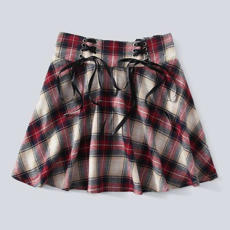 Lace-Up Plaid Skater Skirt, Multicolor