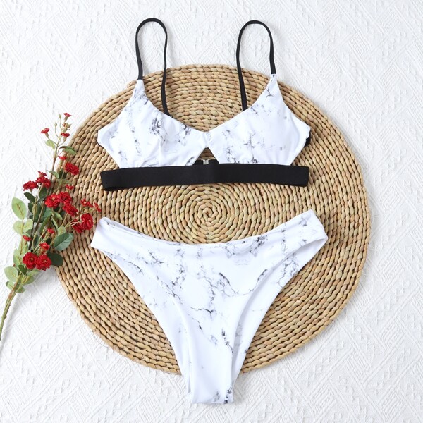 

Marble Print Cut-out Bikini Swimsuit, Black and white