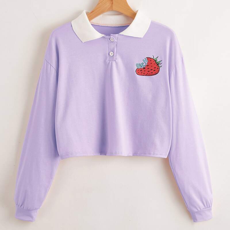 

Polo Neck Strawberry Print Tee, Lilac purple
