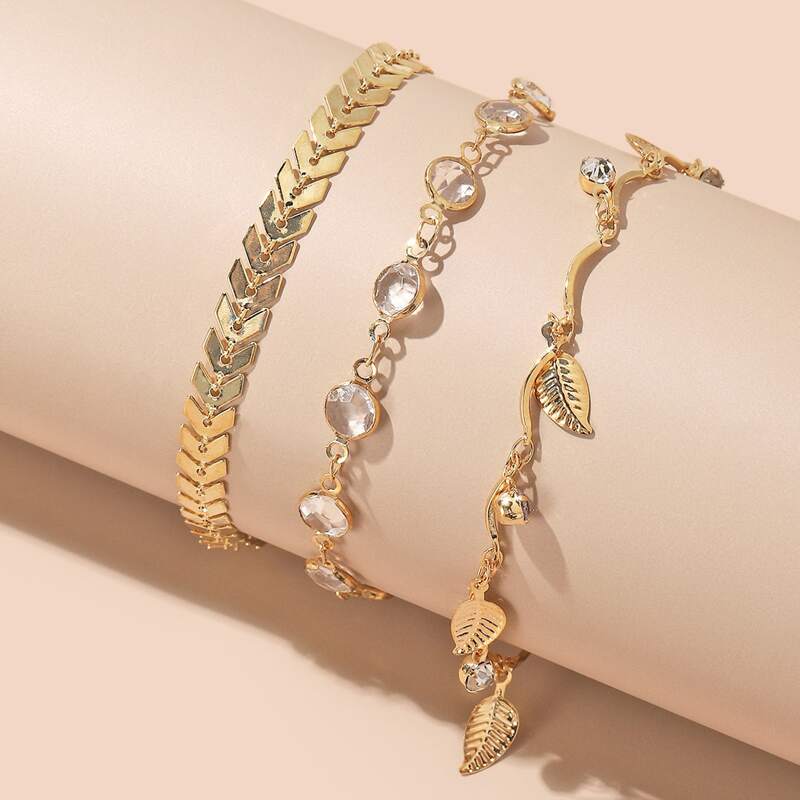 

4pcs Rhinestone Leaf Anklet, Gold