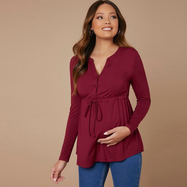 

Maternity Notch Neck Drawstring Waist Solid Tee, Maroon