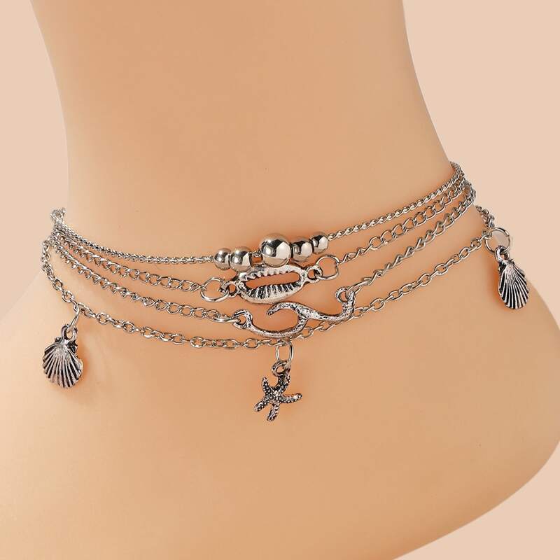 

4pcs Shell Chain Anklet, Silver