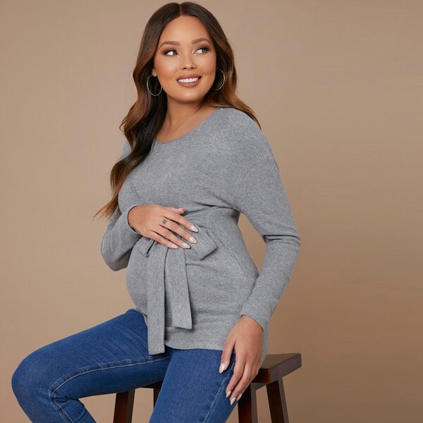 

Maternity Drop Shoulder Belted Tee, Grey