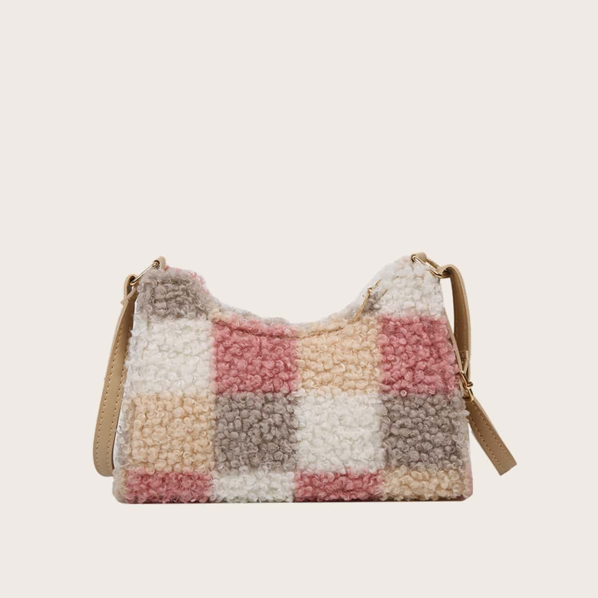 

Colorblock Plaid Teddy Crossbody Bag, Multicolor