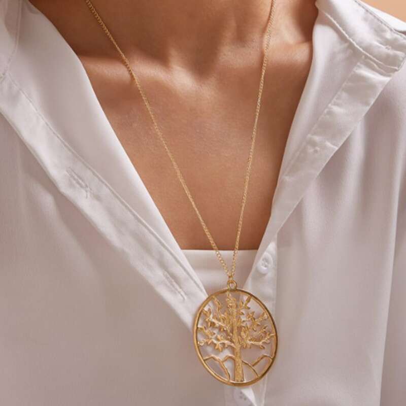 

Hollow Round Tree Pendant Necklace, Gold