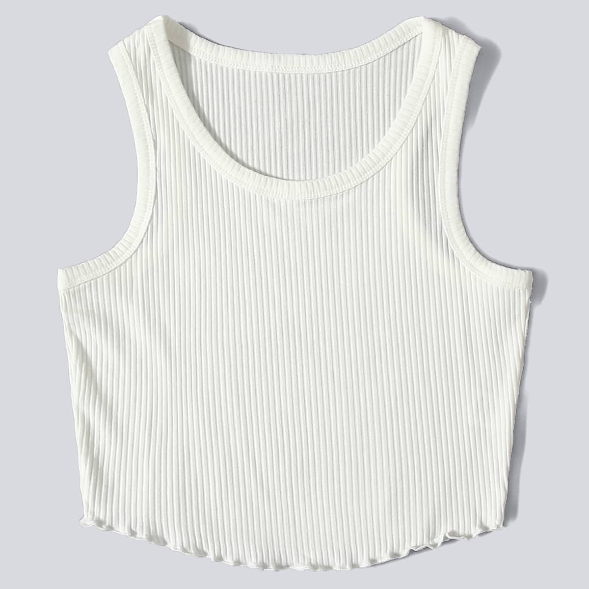 

Solid Ribbed Lettuce Trim Tank Top, White