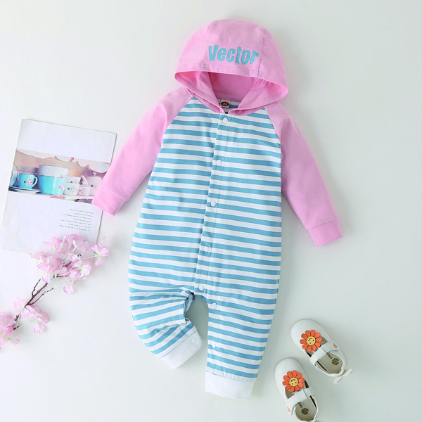 

Baby Girl Letter Graphic Striped Hooded Jumpsuit, Blue and white