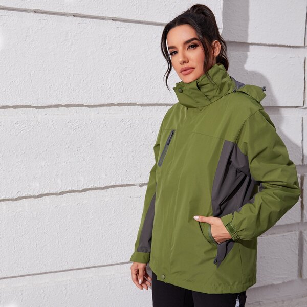 

Colorblock Zip Up Hooded Sports Jacket, Army green