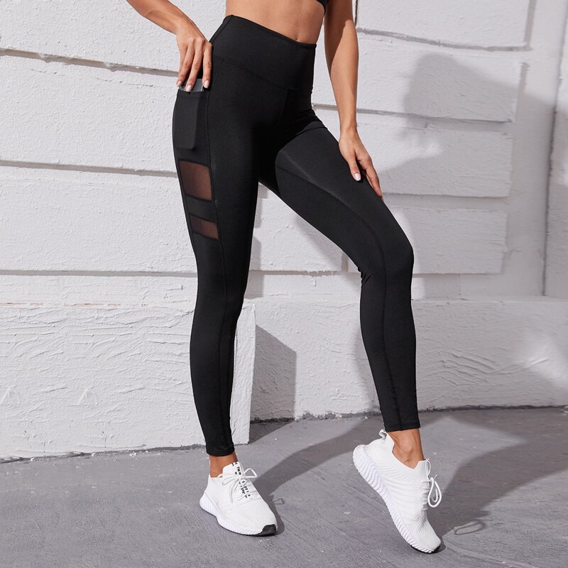 

Contrast Mesh Sports Leggings With Phone Pocket, Black