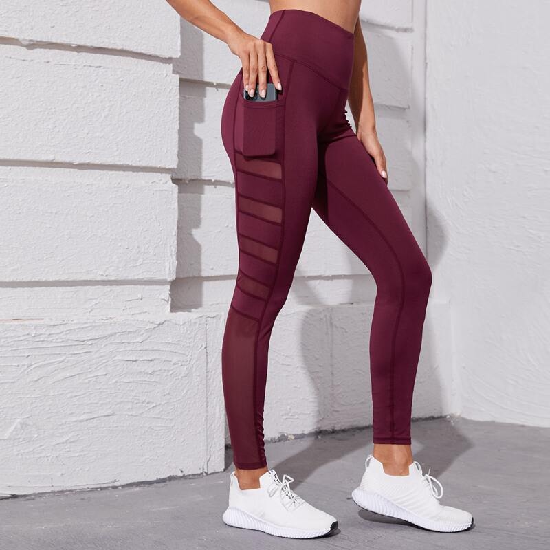 

Contrast Mesh Sports Leggings With Phone Pocket, Burgundy