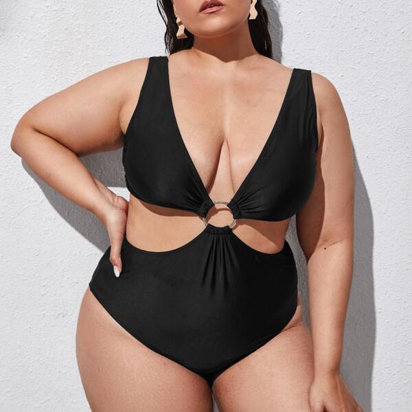 

Plus Cut-out Ring Linked One Piece Swimsuit, Black