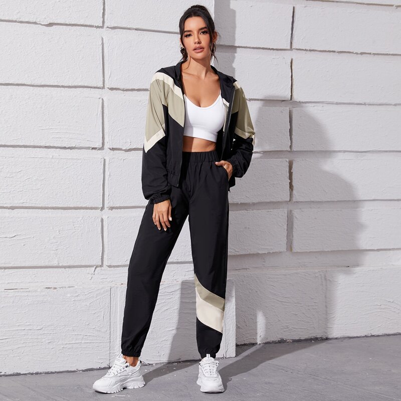 

Color Block Zip Up Sports Jacket & Sports Pants, Black