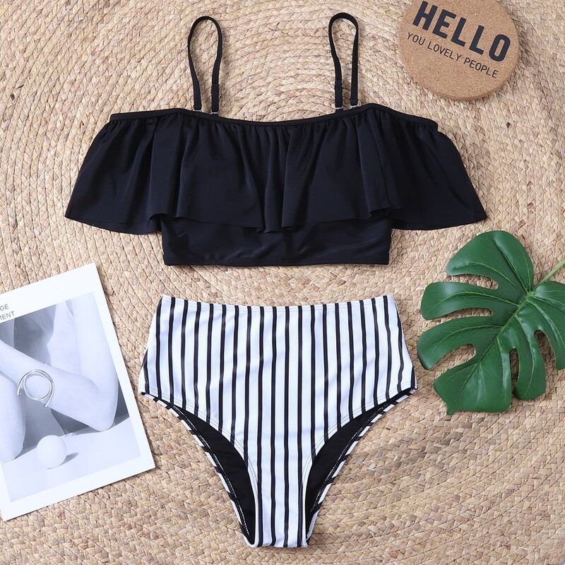 

Striped Flounce High Waisted Bikini Swimsuit, Black