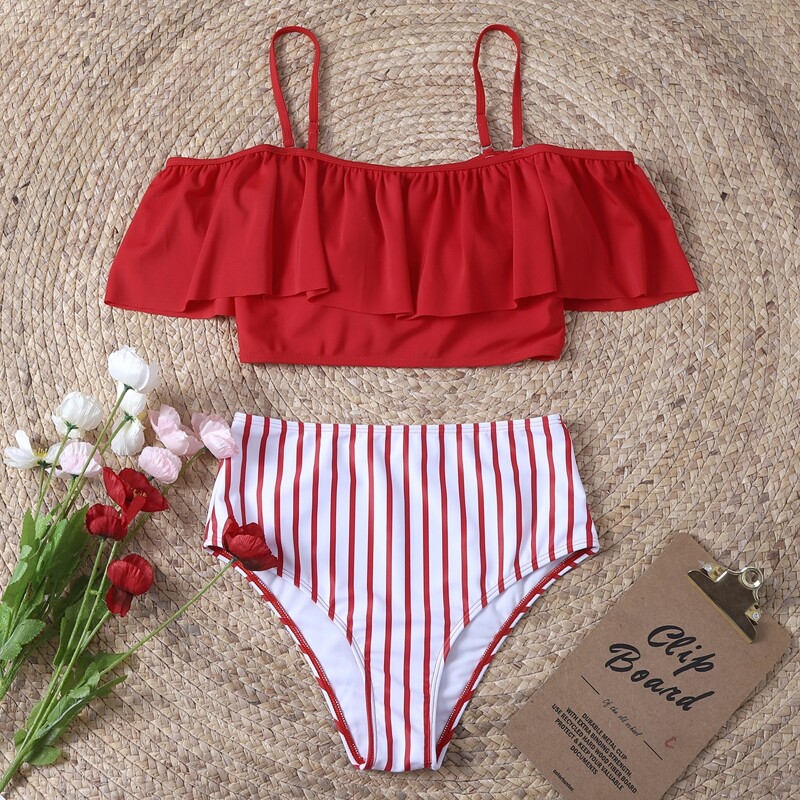 

Striped Flounce High Waisted Bikini Swimsuit, Red