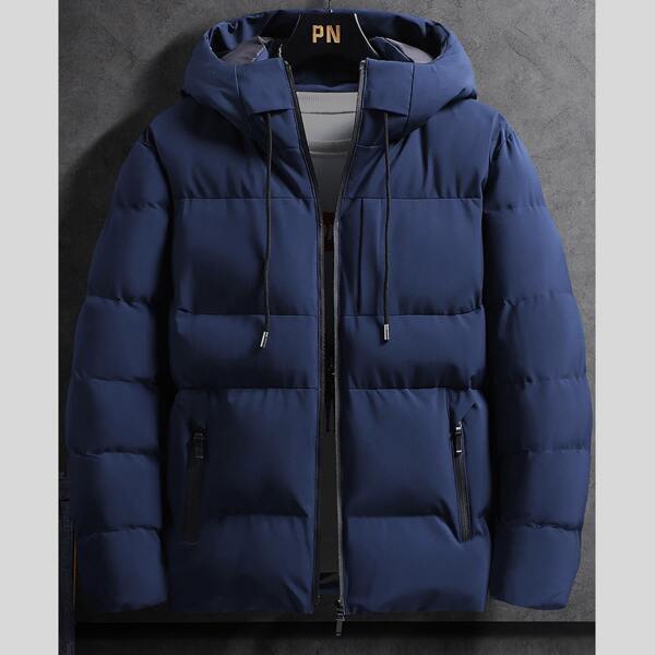 

Men Zip Up Drawstring Hooded Puffer Coat, Navy blue