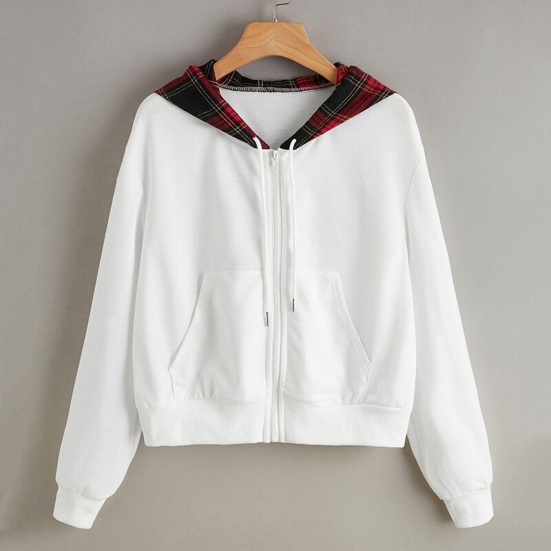 

Contrast Plaid Zip Drawstring Hoodie, White