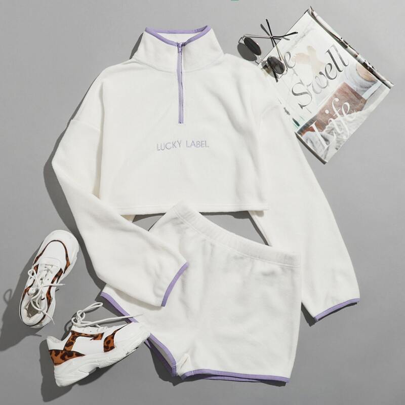 

Embroidery Letter Contrast Binding Half Placket Fleece Pullover & Shorts Set, White