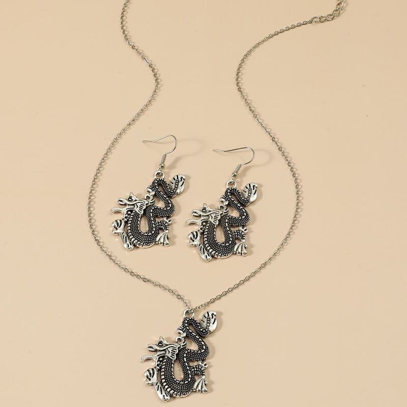 

3pcs Chinese Dragon Jewelry Set, Silver