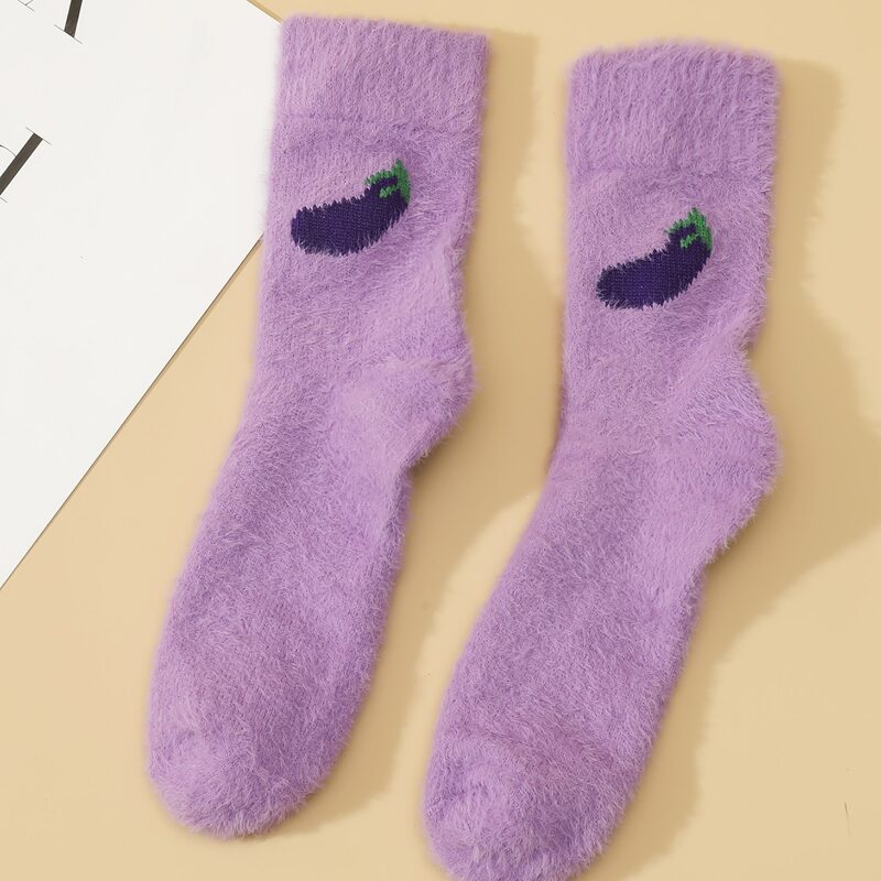 Eggplant Pattern Fuzzy Socks, Lilac purple
