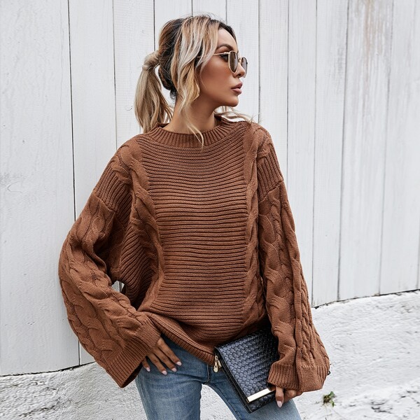 

Cable Knit Drop Shoulder Oversized Sweater, Coffee brown