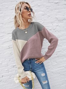 SHEIN LUNE Color Block Drop Shoulder Sweater - Multicolor - View 5