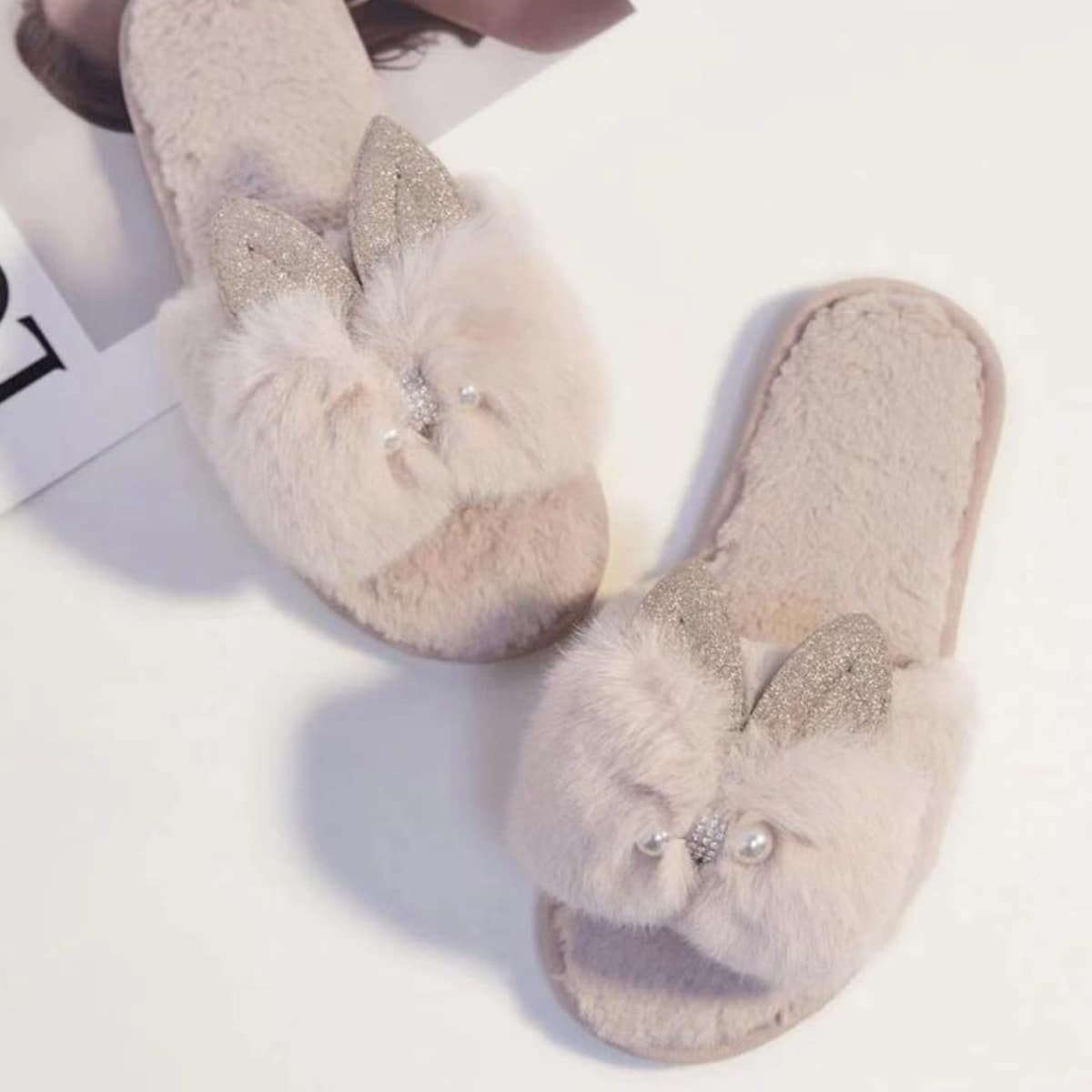

Glitter Bunny Ear Fluffy Slippers, Baby pink
