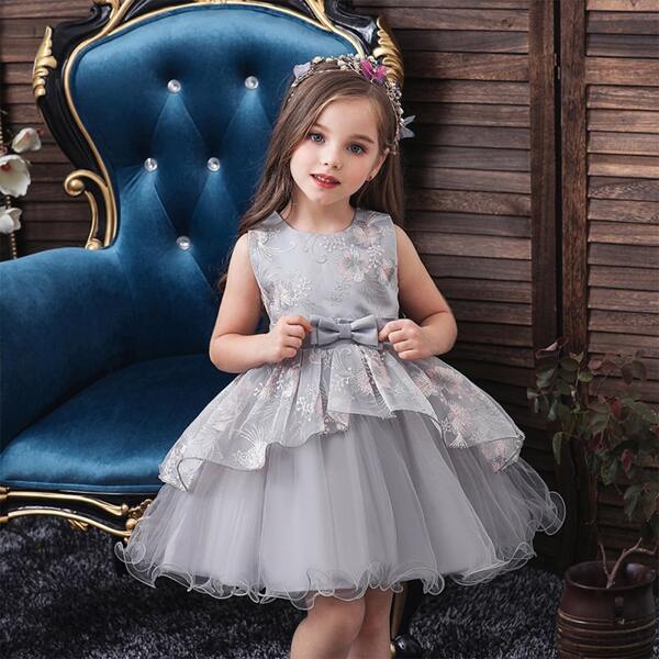 

Toddler Girls Floral Embroidery Bow Front Gown Dress, Grey