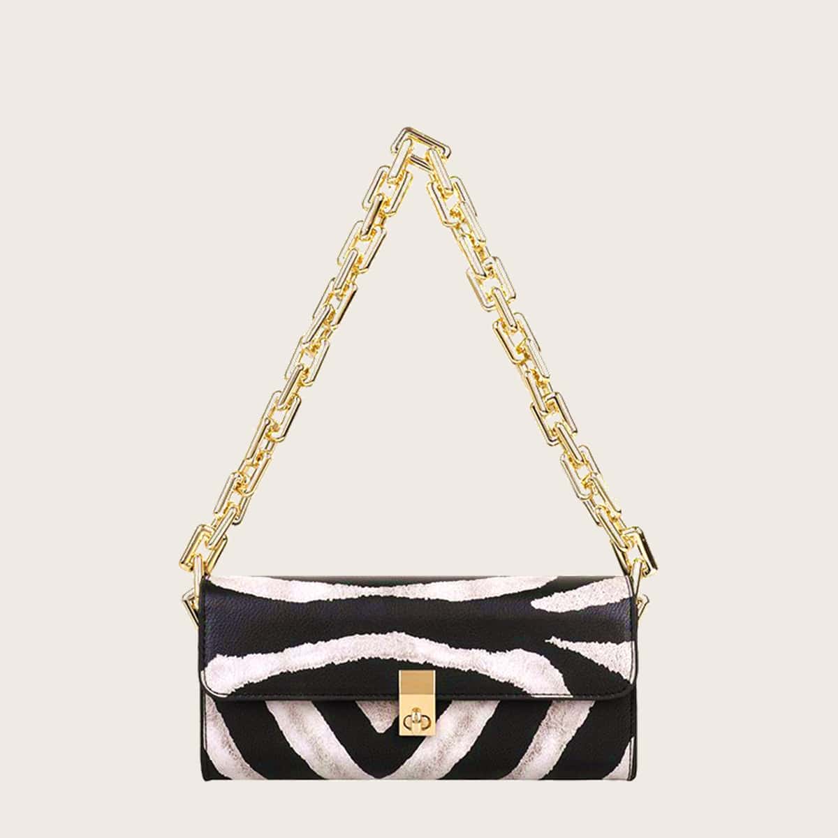 

Zebra Striped Chain Shoulder Bag, Black and white