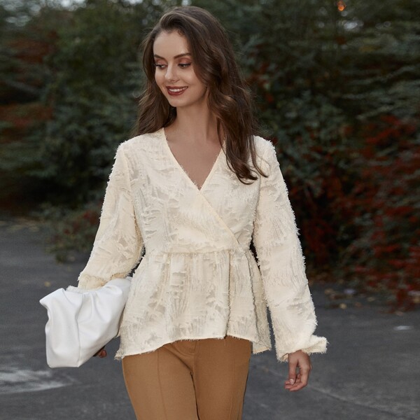 

Surplice Front Ruffle Hem High Low Fuzzy Blouse, Beige