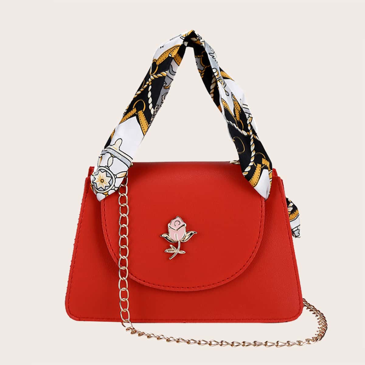 

Rose Decor Scarf Handle Satchel Bag, Red