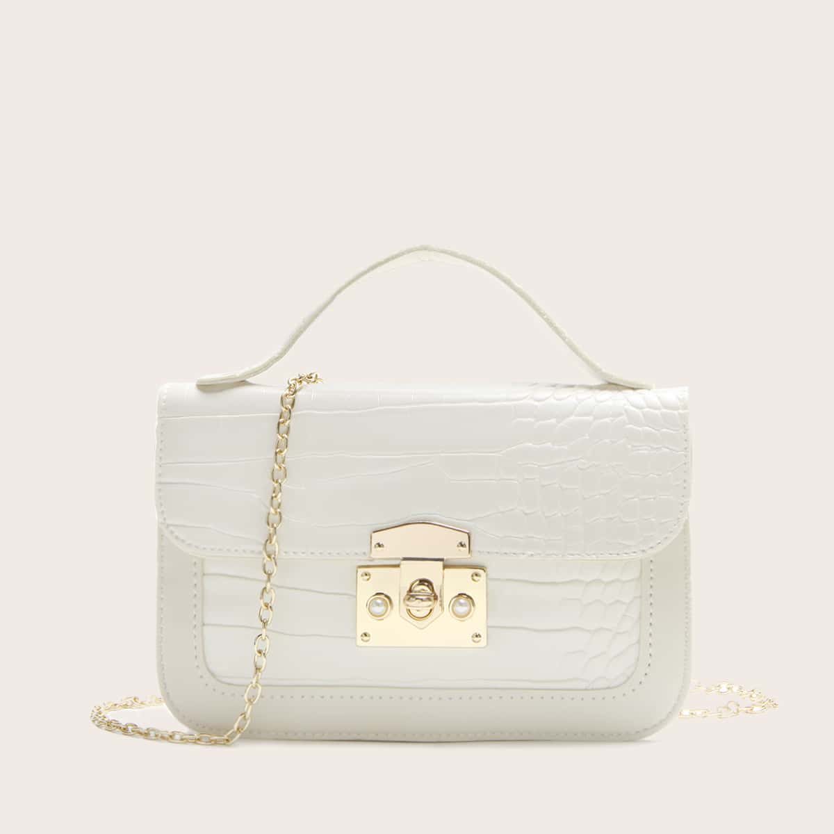 

Croc Embossed Chain Satchel Bag, White