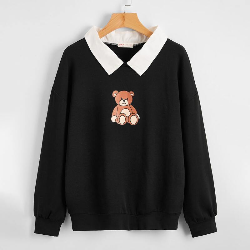 

Contrast Collar Cartoon Bear Sweatshirt, Black