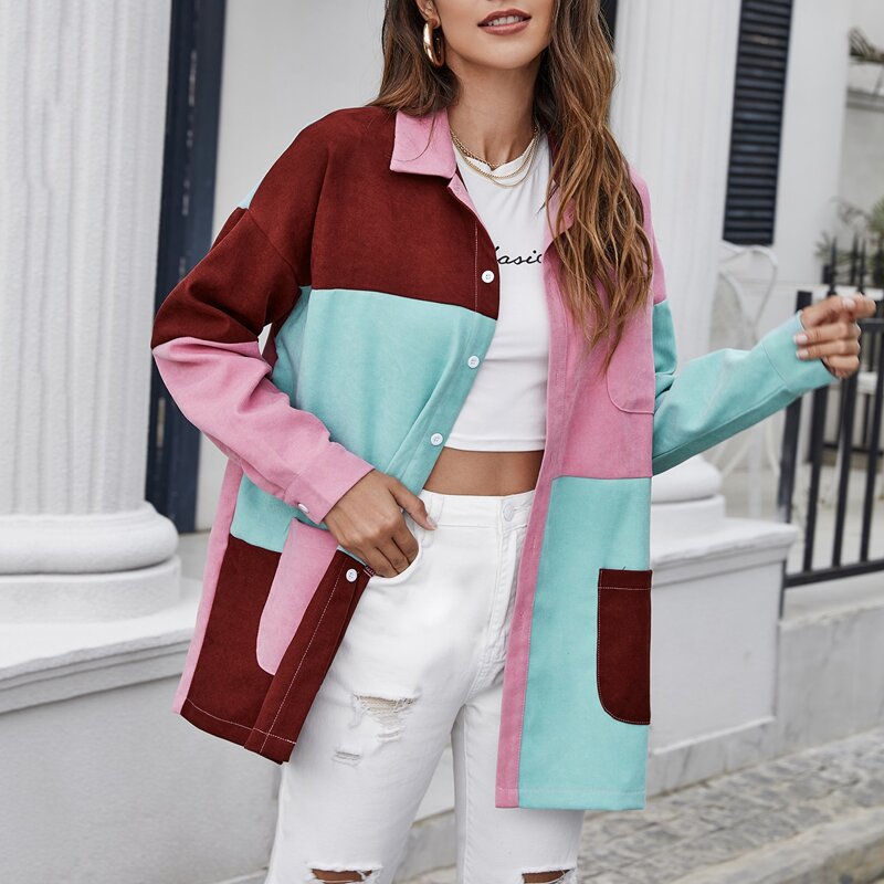 

Collared Pocket Front Colorblock Coat, Multicolor
