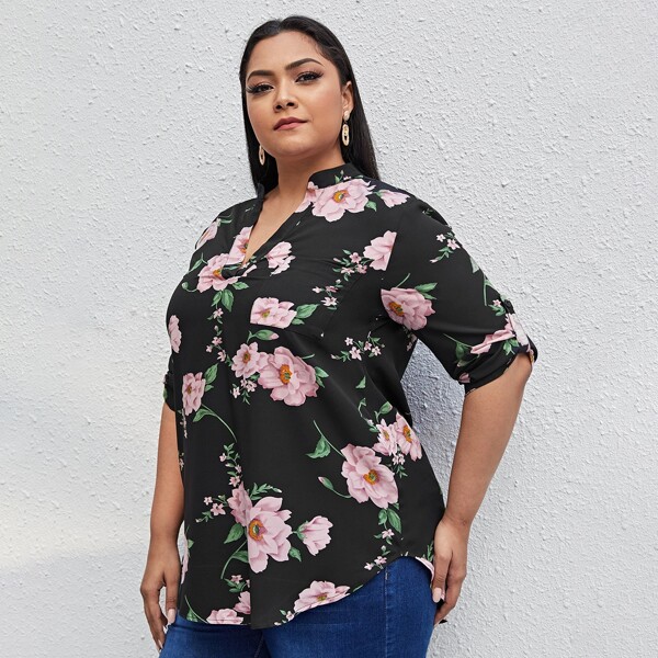 

Plus Notch Neck Floral Print Blouse, Multicolor